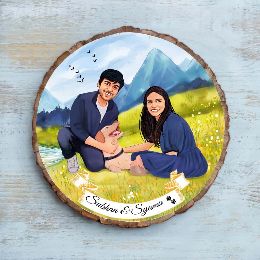 Handpainted Personalized Illustration Bark Nameplate - Holiday Couple2 - rangreli