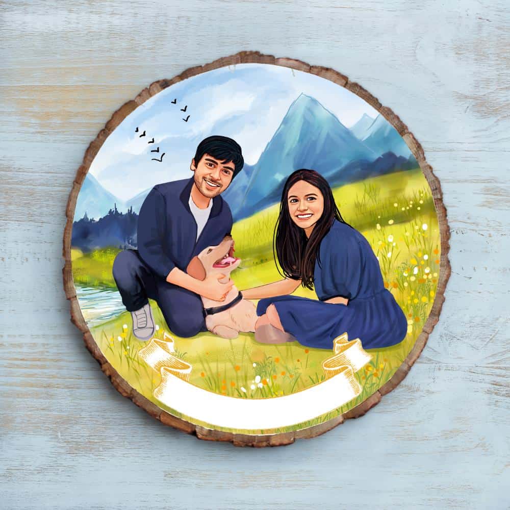 Handpainted Personalized Illustration Bark Nameplate - Holiday Couple2 - rangreli