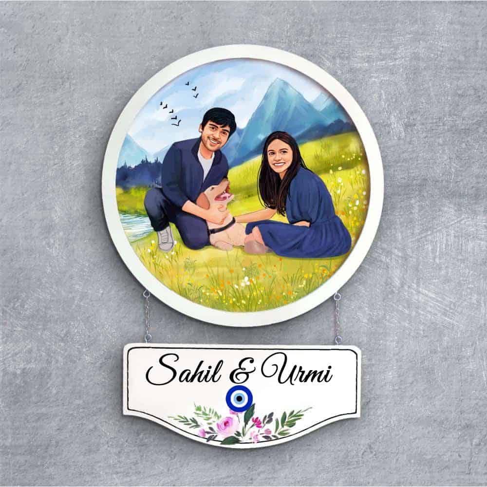 Handpainted Personalized Character Holiday Couple2 Nameplate - Full frame - rangreli