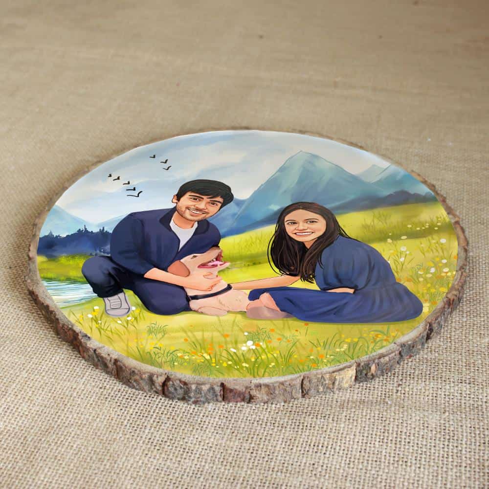 Handpainted Personalized Illustration Bark Nameplate - Holiday Couple2 - rangreli