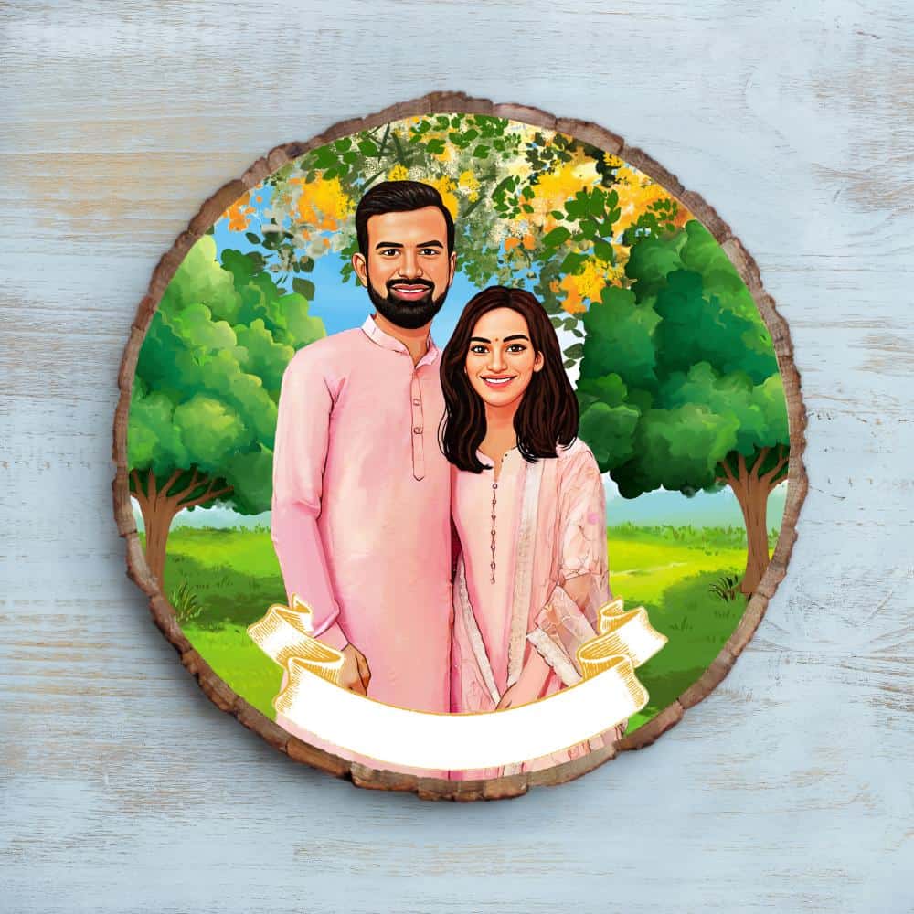 Handpainted Personalized Illustration Bark Nameplate - Wedding Couple 11 - rangreli