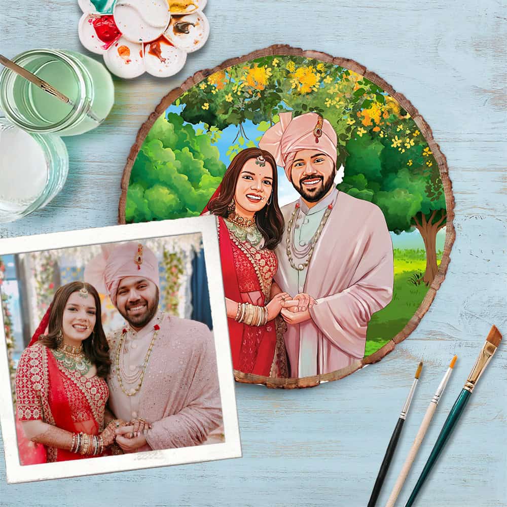 Handpainted Personalized Illustration Bark Nameplate - Wedding Couple 11 - rangreli