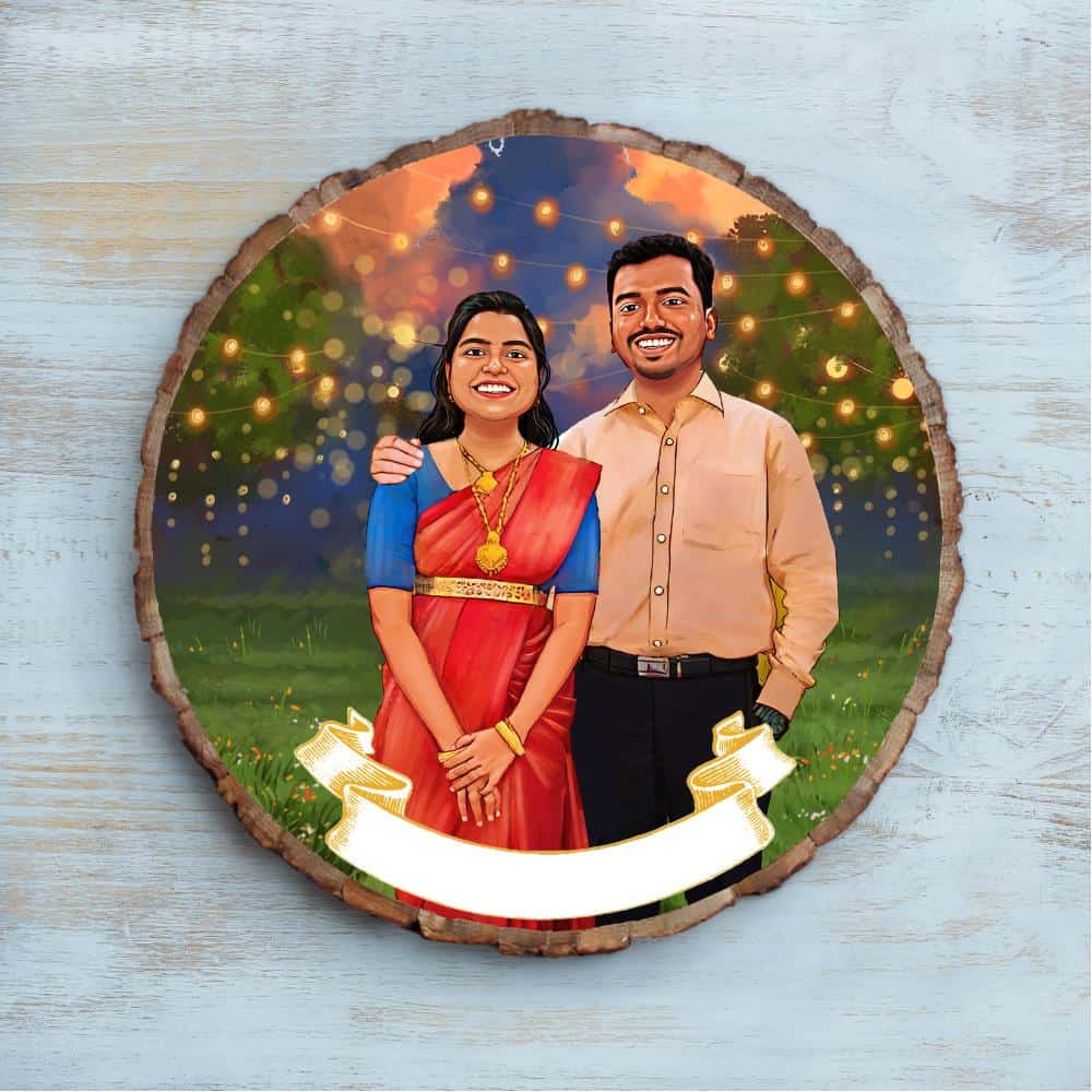 Handpainted Personalized Illustration Bark Nameplate - Wedding Couple 9 - rangreli