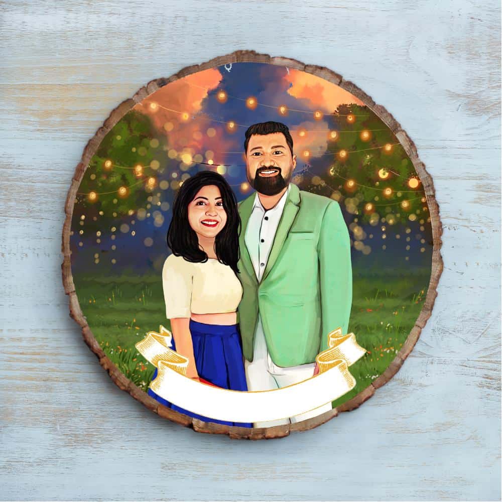 Handpainted Personalized Illustration Bark Nameplate - Wedding Couple 9 - rangreli