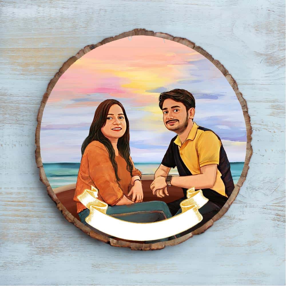 Handpainted Personalized Illustration Bark Nameplate - Holiday Couple 6 - rangreli