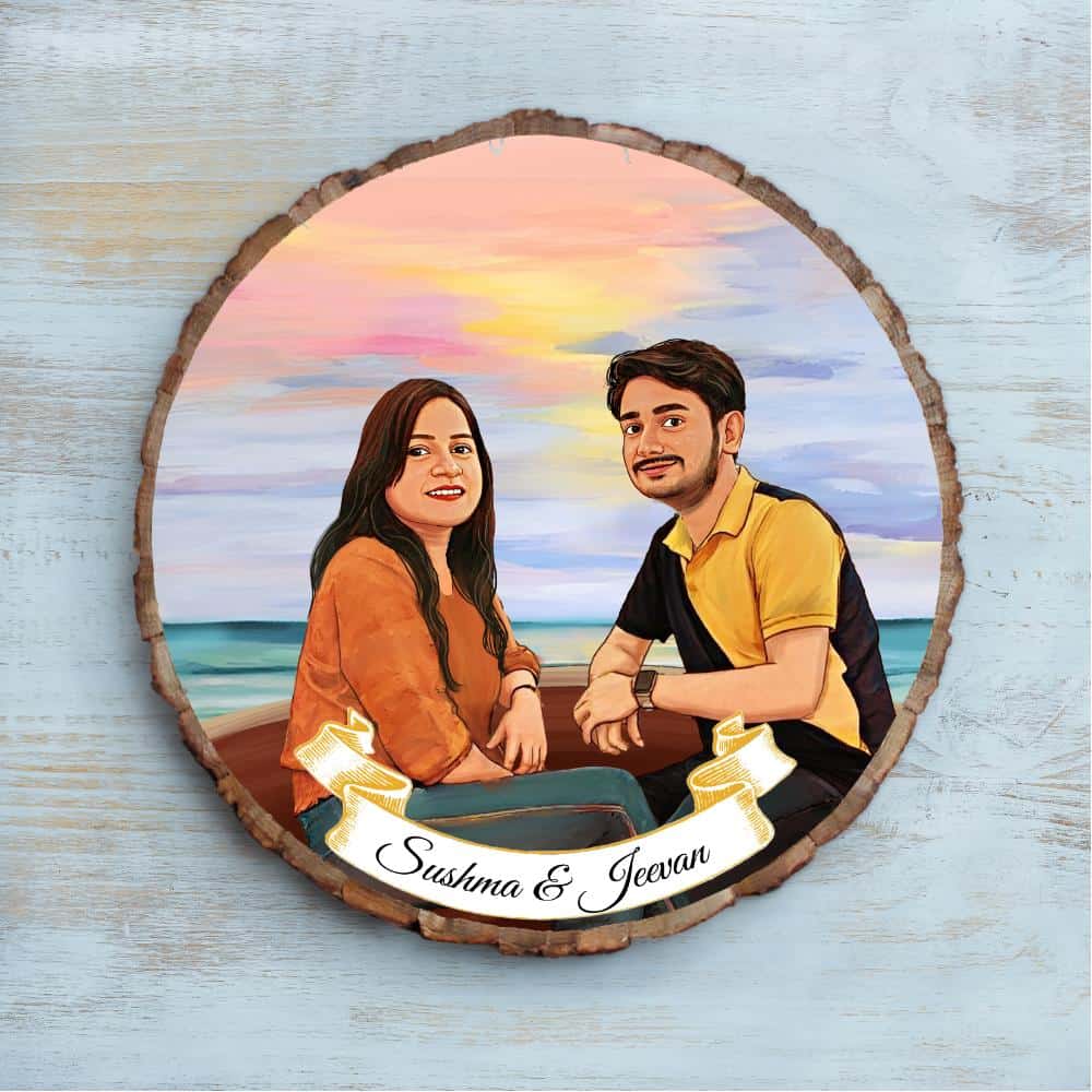 Handpainted Personalized Illustration Bark Nameplate - Holiday Couple 6 - rangreli