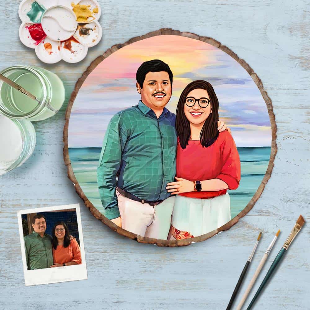 Handpainted Personalized Illustration Bark Nameplate - Holiday Couple 6 - rangreli