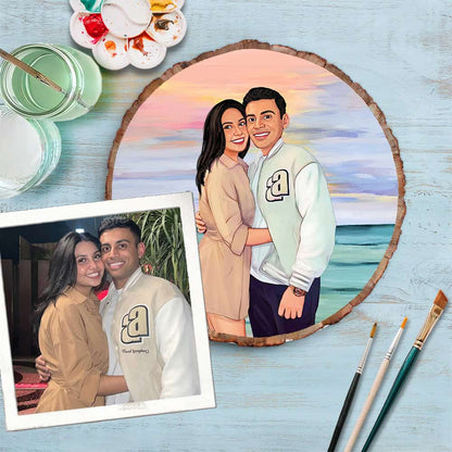 Handpainted Personalized Illustration Bark Nameplate - Holiday Couple 6 - rangreli