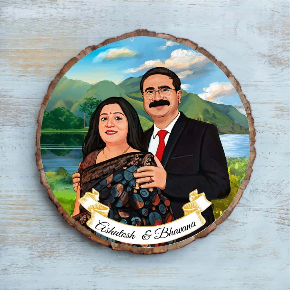 Handpainted Personalized Illustration Bark Nameplate - Holiday Couple 8 - rangreli