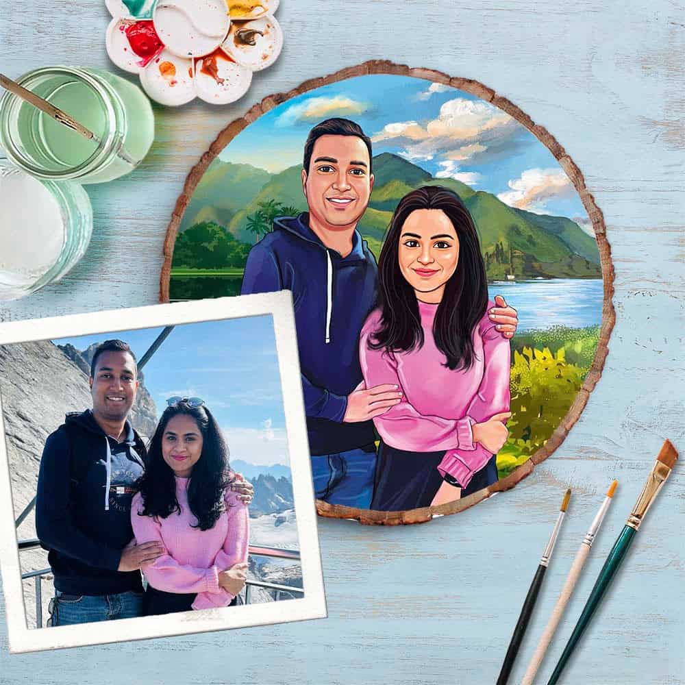 Handpainted Personalized Illustration Bark Nameplate - Holiday Couple 8 - rangreli