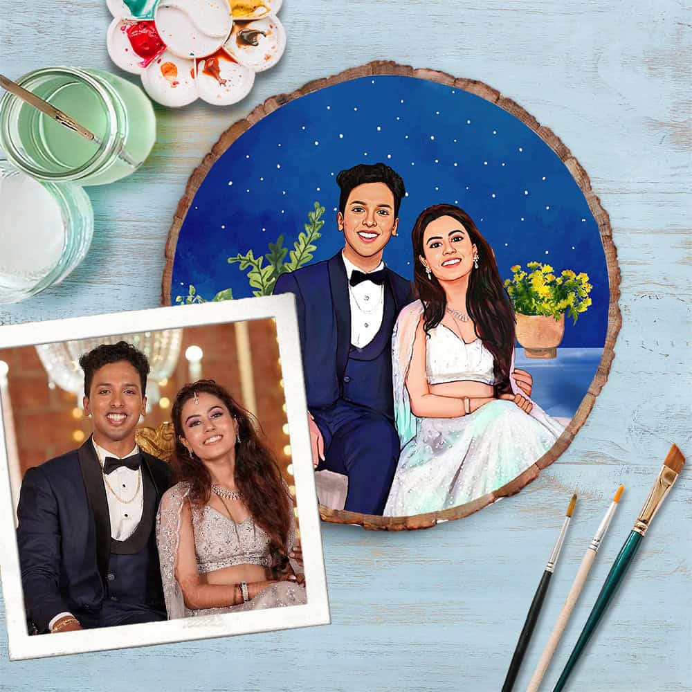 Handpainted Personalized Illustration Bark Nameplate - Wedding Couple11 - rangreli