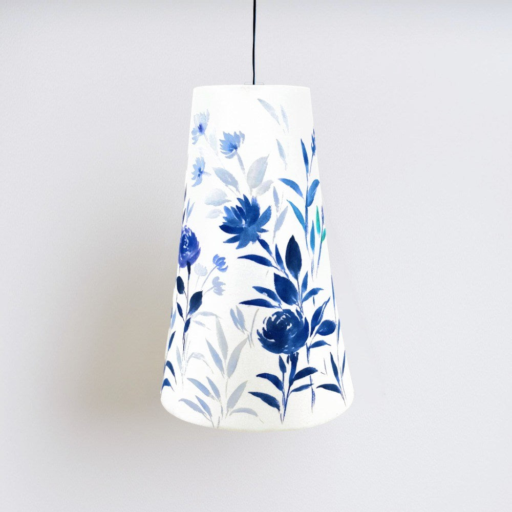 Long Cone Pendant Lamp - Blue Monochrome Floral 3079 - rangreli