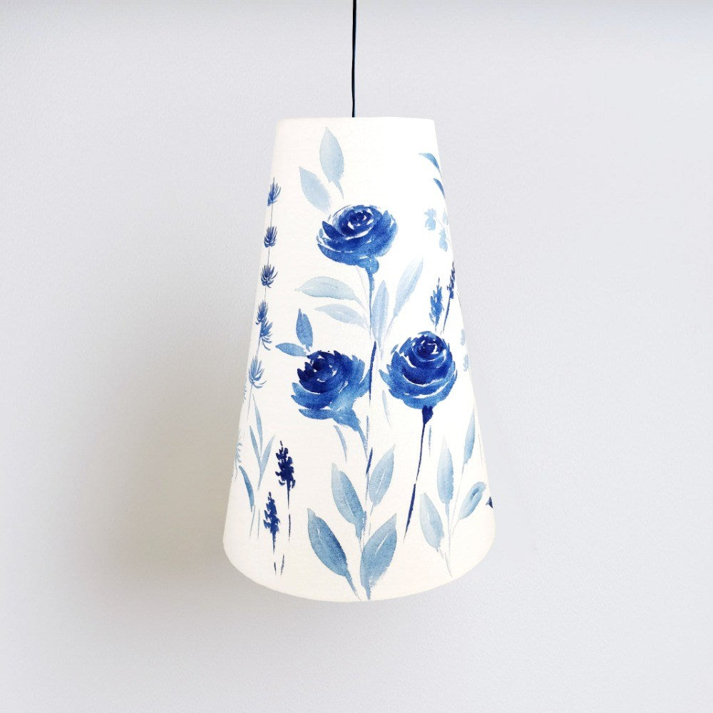 Long Cone Pendant Lamp - Blue Monochrome Floral 3079 - rangreli