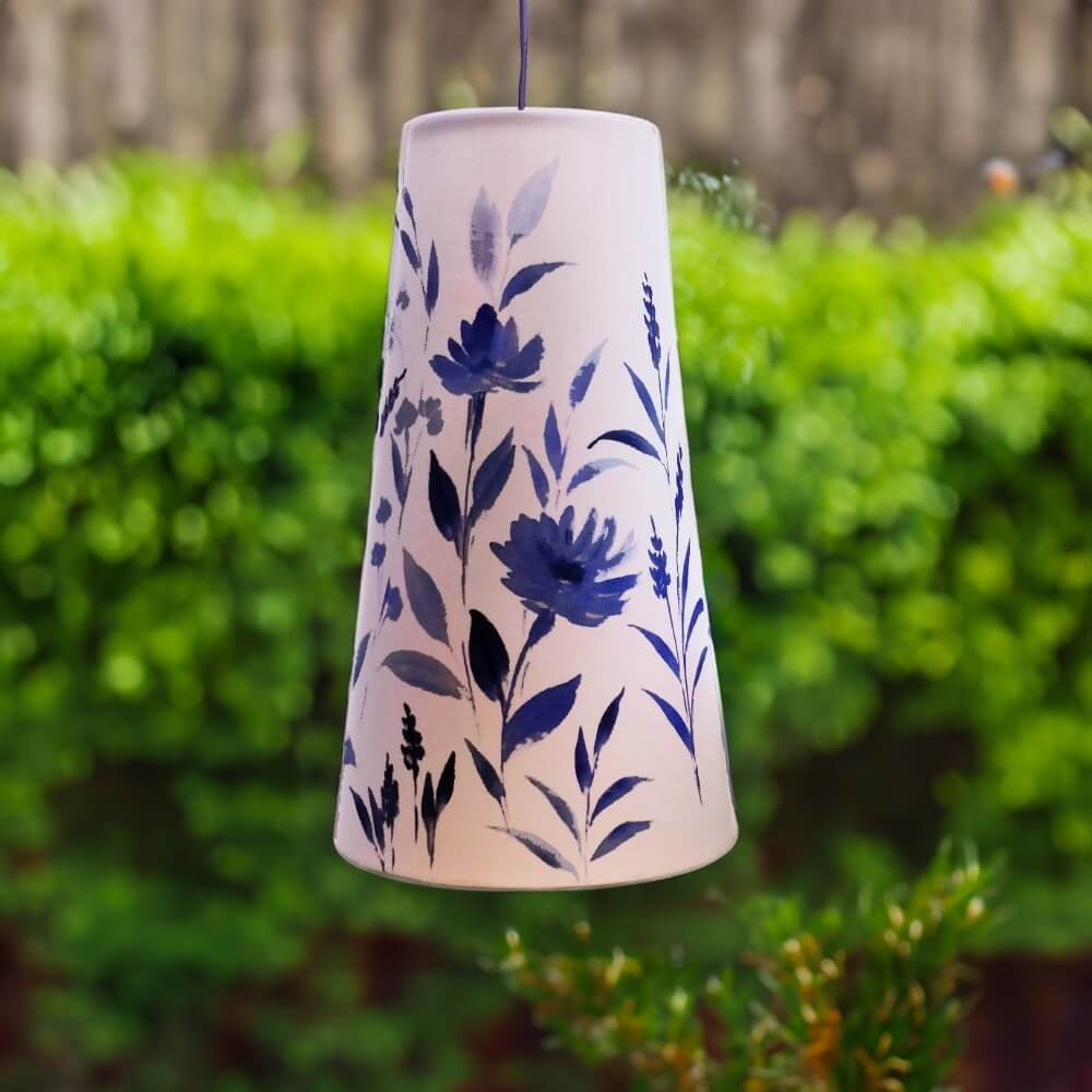 Long Cone Pendant Lamp - Blue Monochrome Floral 3079 - rangreli