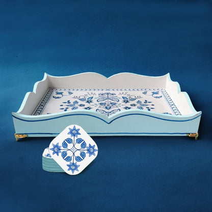 Jaipur Blues - Handcrafted Rectangle Serving Tray & Coaster Set