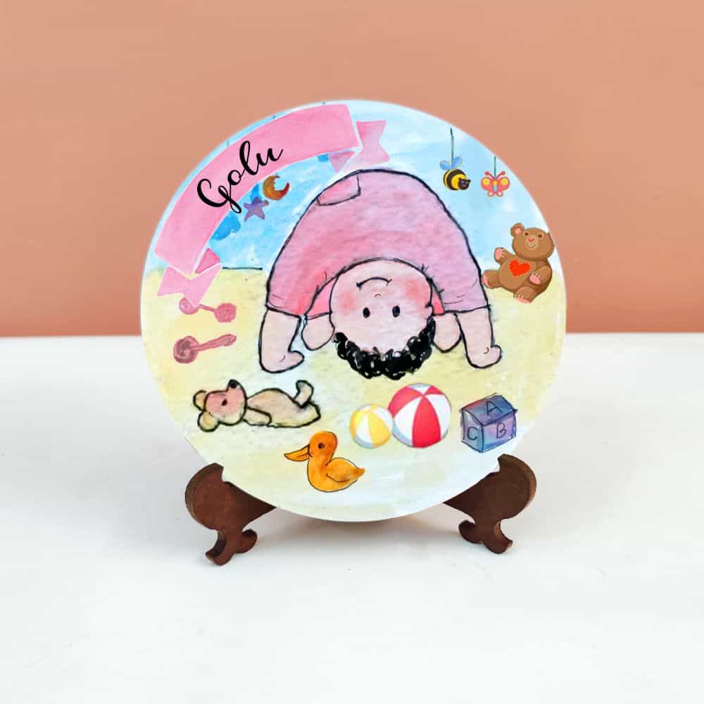 Handpainted Character Table Art - Playing  Baby - rangreli