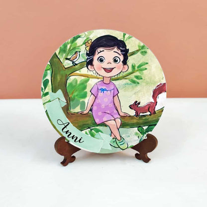 Handpainted Character Table Art - Kid on tree - rangreli