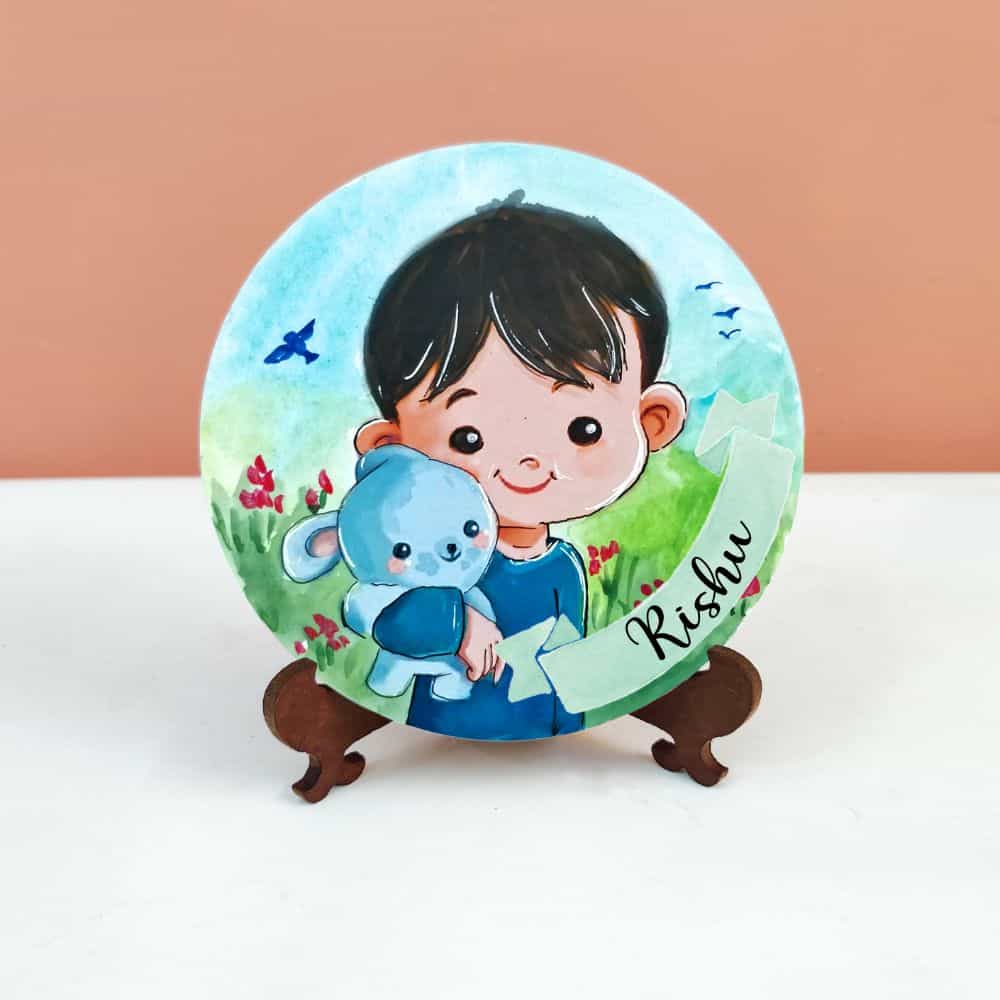 Handpainted Character Table Art - Kid and Teddy - rangreli